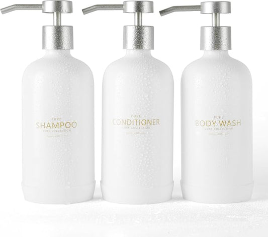 Shampoo and Conditioner Dispenser Set of 3, Refillable 21oz Shampoo Bottles by Janxinmakeyouloveyourhome