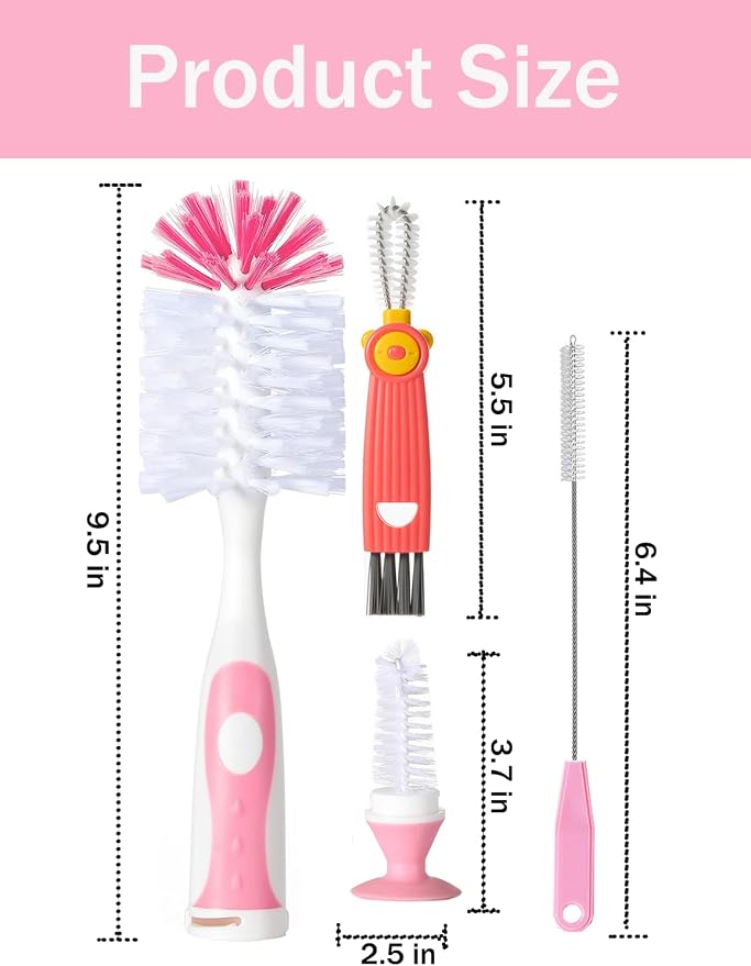 5 in 1 Baby Bottle Brush Set, Bottle Cleaner, 2 Hidden Nipple Brush, 2 Straw - Image 2
