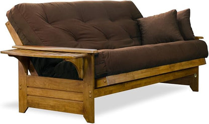Nirvana Futons Brentwood Tray Arm Futon Sofabed Set - Queen Frame, 8" Microfiber Fudge Mattress, Heritage Finish