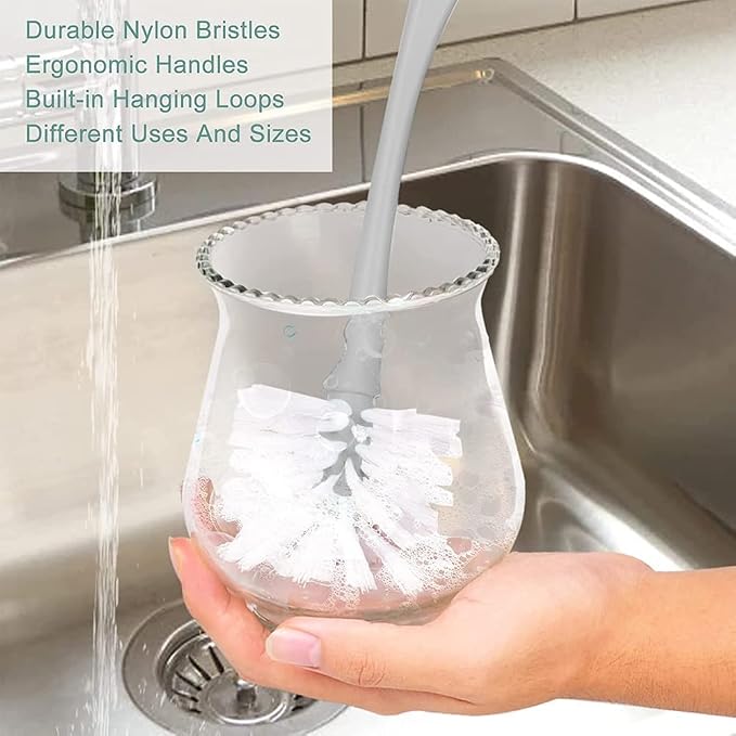 Dish & Bottle Brush Set, 4-Piece Kitchen Cleaning Brushes, Plastic Handles - Image 3