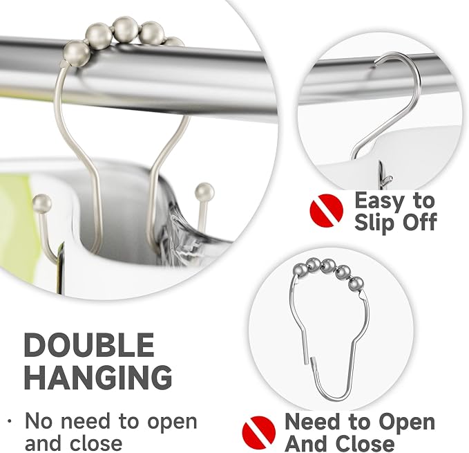 Shower Curtain Hooks Rust Proof Shower Curtain Rings, Smooth Glide Double Hook - Image 3