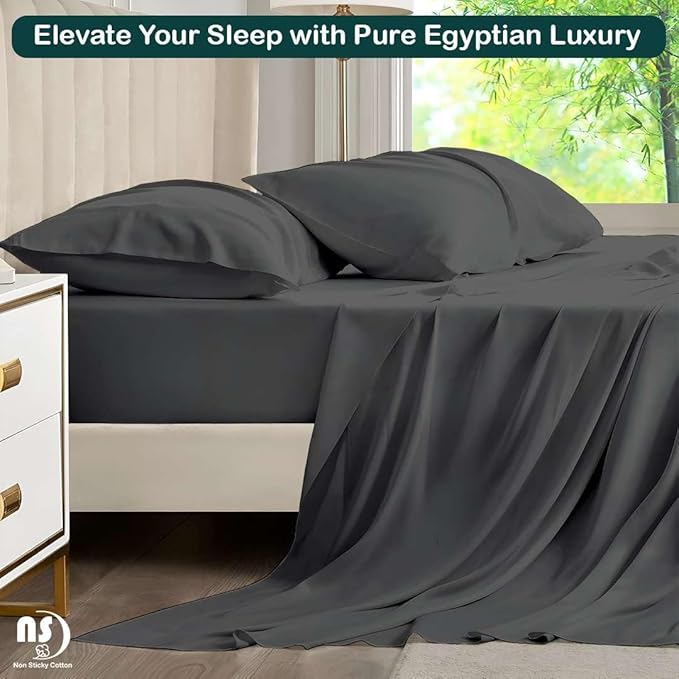 NON Sticky cotton Full Size Sleeper Sofa Sheets, 4 Piece Egyptian Cotton Bed Sheet Set for Sofa Bed, 10" Deep Pocket for Pull Out Couch Mattress, 54" x 75", Dark Grey Solid, Soft & Breathable