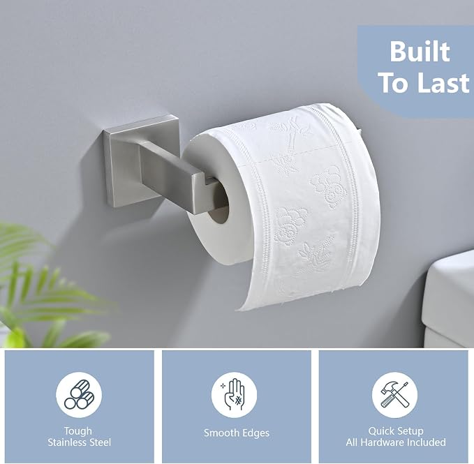 3PCS Bathroom Hardware Set, Brushed Nickel Toilet Paper Holder, 2 Square Towel - Image 3