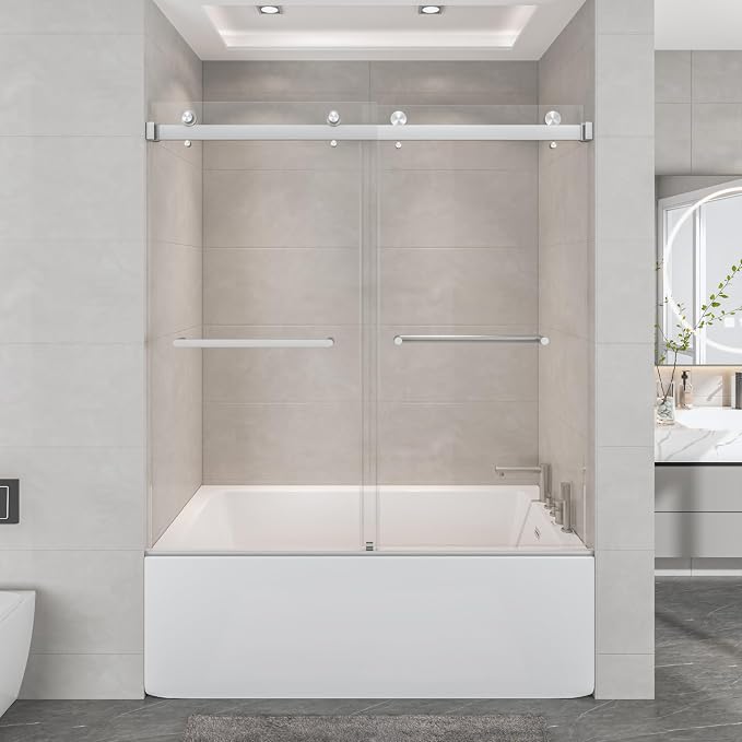 55"-60" W x 60" H Frameless Bathtub Shower Door, Double Sliding Shower Door - Image 9
