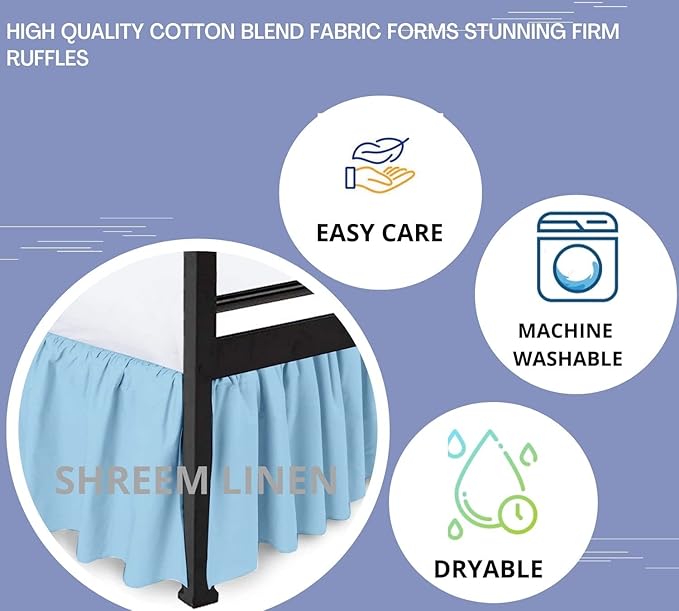 Shreem Linen Ruffled Bed Skirt with Split Corners, Gathered Style, 100% Microfiber, 10-Inch Drop, Dust Ruffle Bedskirt with Platform, Queen-XL, Light Blue