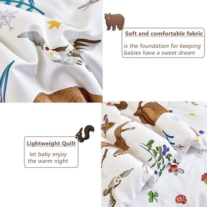 PERFEMET Kids Comforter Sets Twin 4 Pieces Cartoon Woodland Animal Print Bedding for Boys Girls Soft Reversible Bear Deer Forest Theme Children Bedroom Set with Sheets for All Season Use