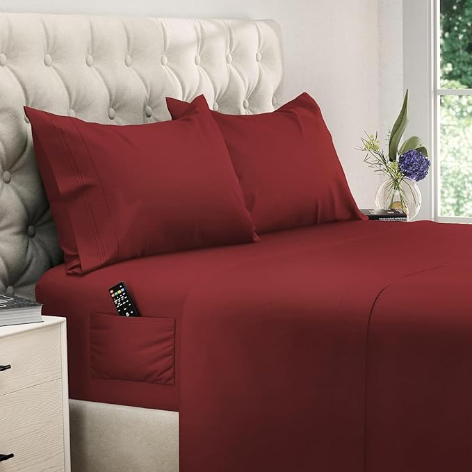 DREAMCARE California King Sheet Sets - Cooling Bed Sheets - 4pcs Set - up to 15" Deep Pocket Cal King Sheets - California King Sheets - Soft & Lasting 100% Brushed Polyester with Side Pocket -Burgundy