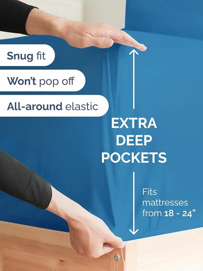 Extra Deep Twin Fitted Sheet - Hotel Luxury Single Fitted Sheet Only - Easily Fits 18 inch to 24 inch Mattress - Ultra Soft, Wrinkle & Fade Free w/Extra Deep Pockets - Breathable & Comfy - Denim Blue
