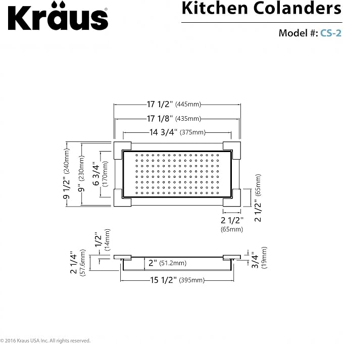 Kraus Stainless Steel Colander, 17 1/2" x 9 1/2" x 2 1/4" - Image 2