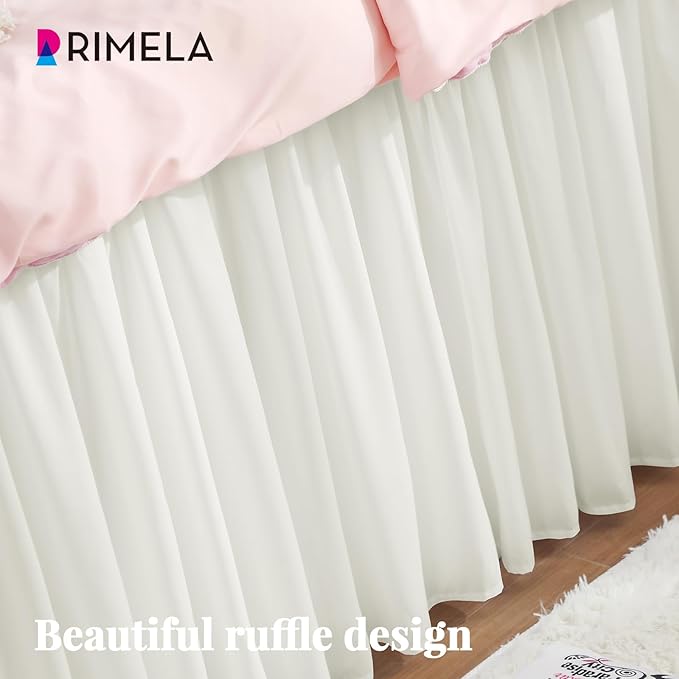 RIMELA Dorm Bed Skirt Twin XL 32 Inch Drop, Easy to Install Extra Long Wrap Around Elastic Dust Ruffle, Warm White Bedskirt Solid Silky Fabric Machine Washable (Twin XL 80“L x 39”W & Twin 75“L x 39”W)
