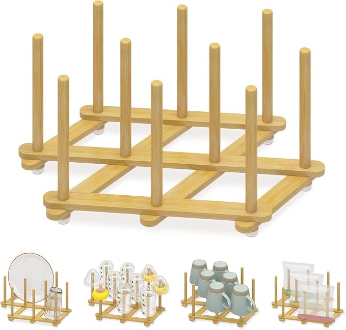 EsLuker.ly Baby Bottle Drying Rack Bamboo Vertical Dryer Holder, Foldable Space by EsLukerly