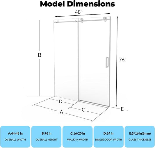 Frameless Sliding Shower Door, Adjustable 44"-48" W x 76" H - Image 2