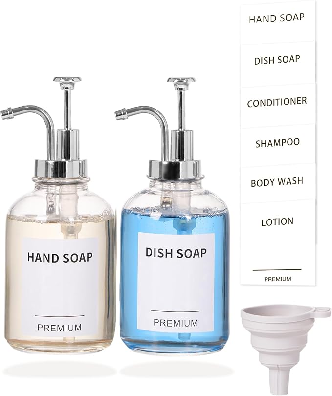 12oz Dish Soap Dispenser for Kitchen, Hand Glass Soap Dispenser Set by Hoousuper