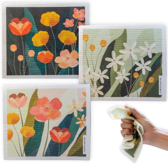 Swedish Dishcloths – Wildflower Garden Floral Designs – Reusable Compostable by EARTHAHEAD