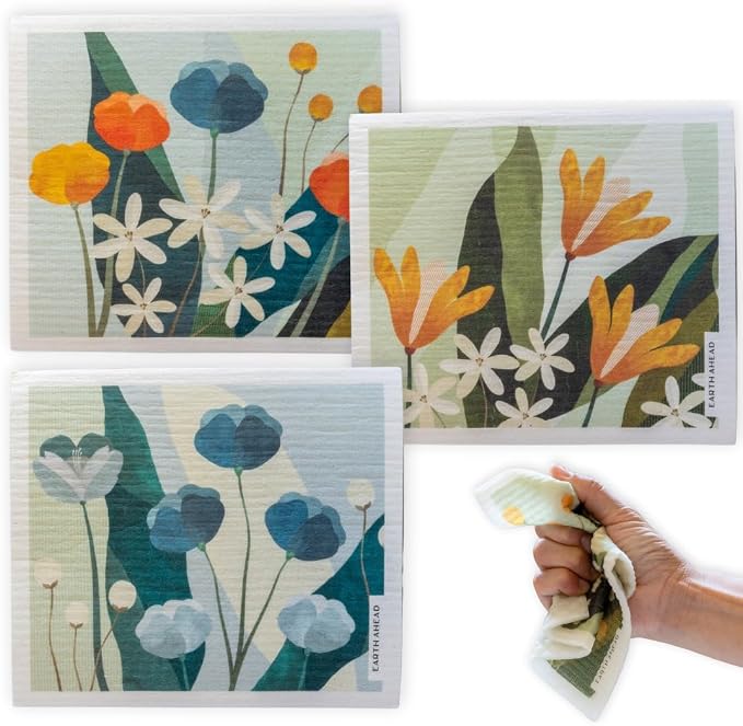 Swedish Dishcloths – Classic Botanical Floral Designs – Reusable Compostable by EARTHAHEAD