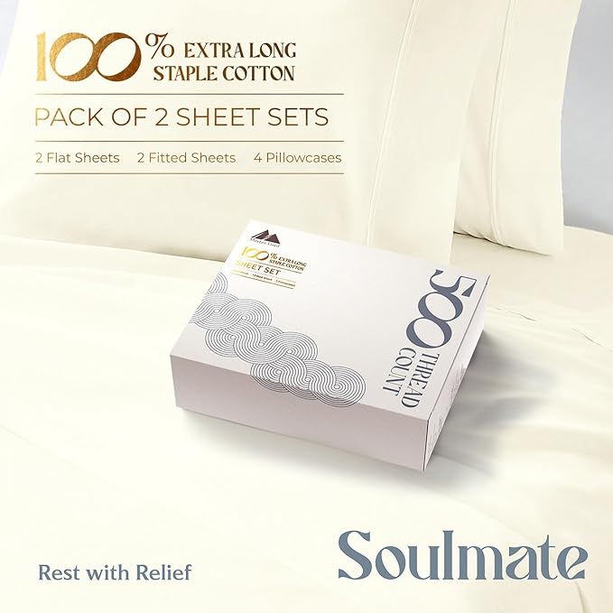 Mayfair Linen 100% Egyptian Cotton 2 Pack Twin XL Sheet Set - 500 Thread Count Cotton Sheets Twin XL Size (6 PC, Ivory), Soft, Cooling, Sateen Weave, 16" Deep Pocket College Dorm Room Bed Sheet