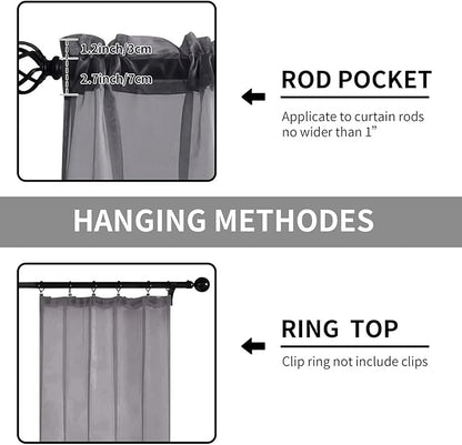 Sheer Curtains 54 Inches Long 2 Panels, Rod Pocket Short Curtain for Kitchen, Bedroom, Cafe Window(Grey 38" W x 54" L)