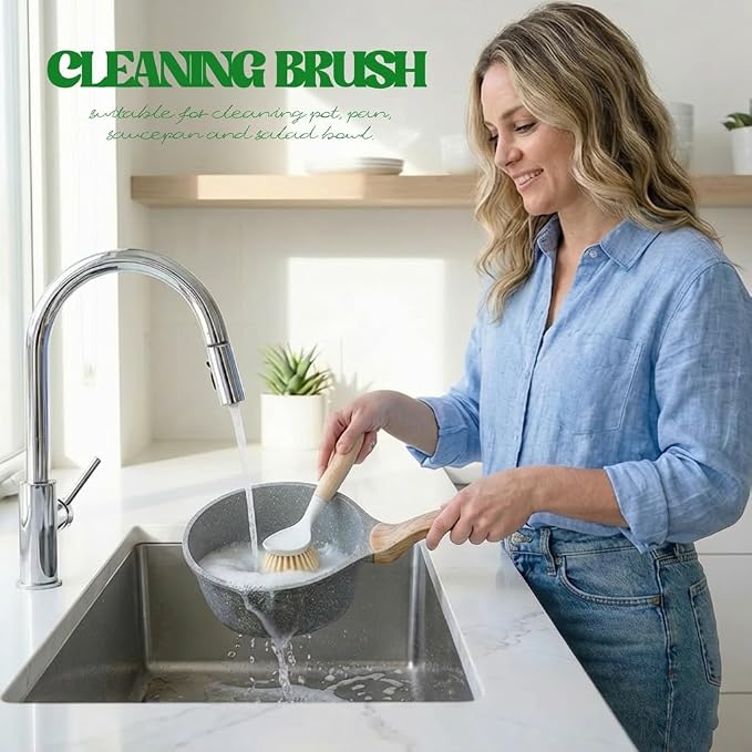Dish Brush with Handle Wood Built-in Scraper, Scrub Brush - Image 2