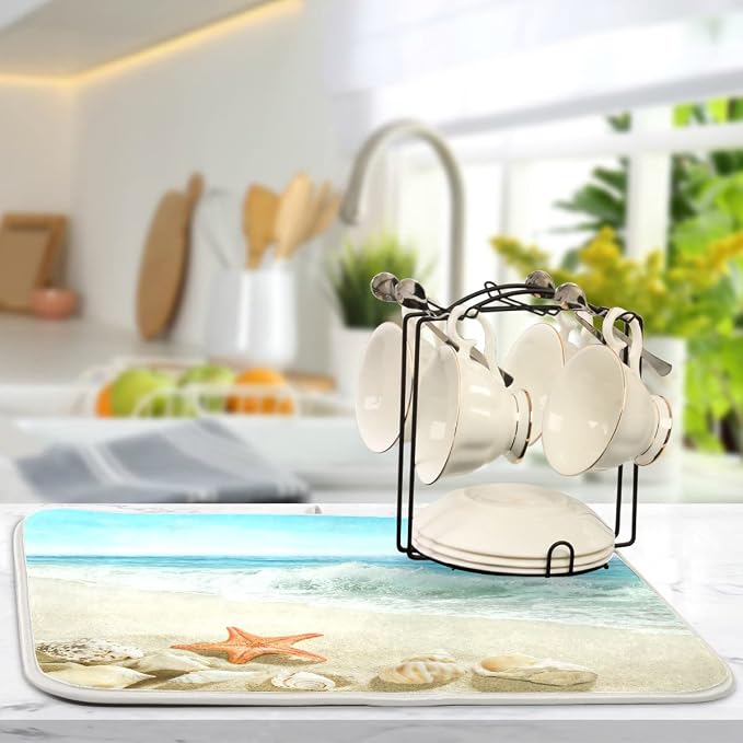 Sweetshow Summer Beach Dish Drying Mat 16 x 18 Inch Sea Wave Shells Starfish - Image 6