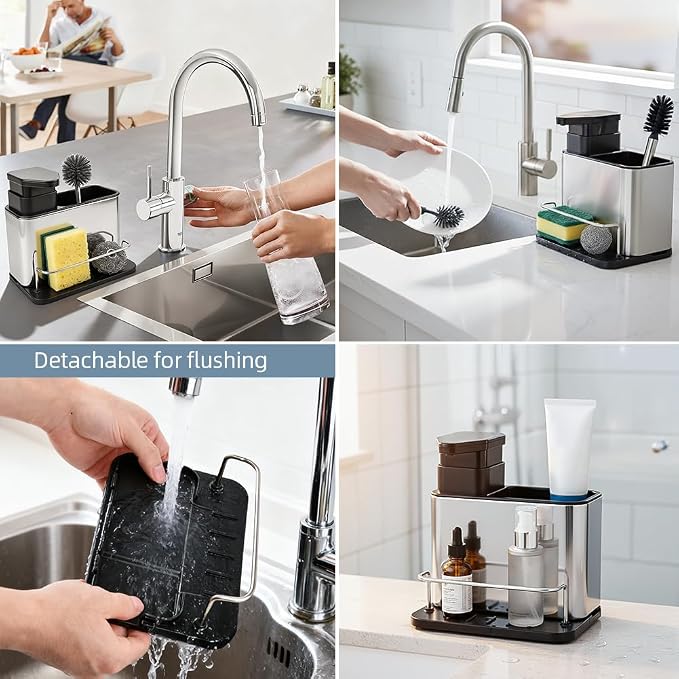 Soap Dispenser for Kitchen Sink, Stainless Steel 3-in-1 Sponge Holder for - Image 6