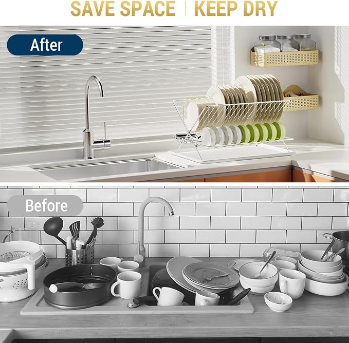 Dish Drying Rack with Drip Tray, 3 Tier Collapsible Stainless Steel Dish Drainer - Image 8