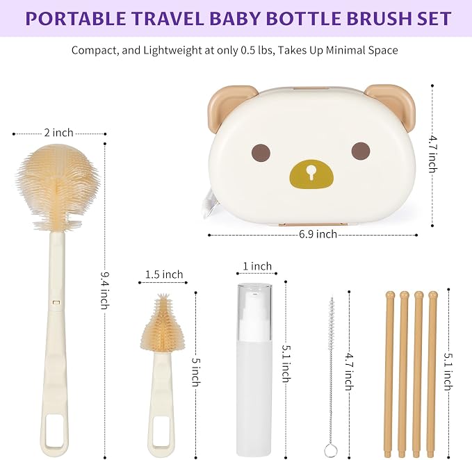 VOOWO Baby Bottle Brush & Drying Rack, Travel Bottle Cleaner Kit, Silicone - Image 2