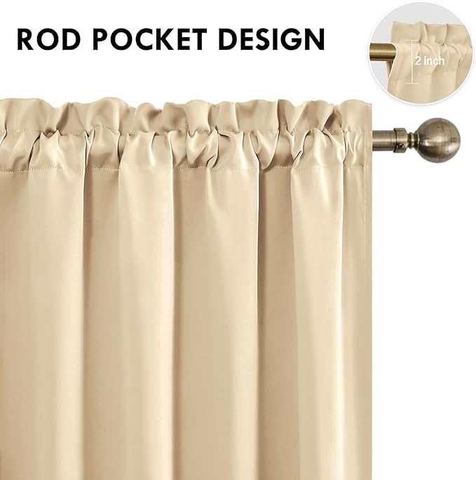 DWCN Blackout Curtains for Living Room Thermal Insulated, Energy Saving & Noise Reducing Bedroom Curtains, Beige, W 52x L 36 Inch, Set of 2 Rod Pocket Curtain Panels