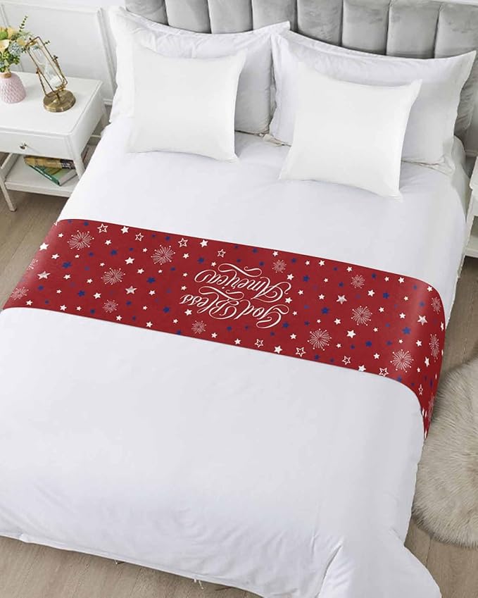 Independence Day Blue White Star Bed Runners for Bedroom Hotel,Decorative Bedding Scarf Freedom Celebration on Red Bed End Blanket Bedding Runner Scarves for Twin Size Bed,71x20in