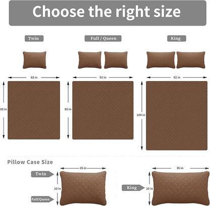 Easy-Going Full/Queen Size Reversible Quilt Set with 1 Quilt and 2 Pillow Shams, Soft Bed Quilt Cover, Water Resistant Lightweight Microfiber Bedspread, Stain Resistant, Brown/Beige