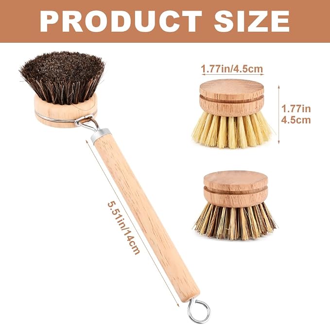 Bamboo Dish Brush with Handle, Wooden Handle with 3 Natural Bristle Heads - Image 2