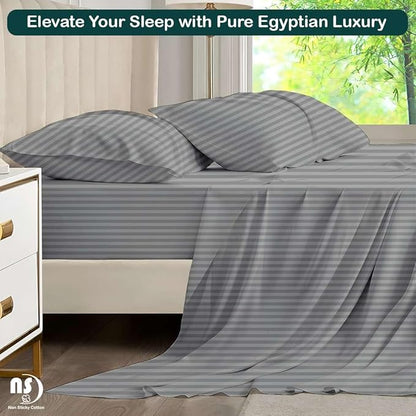 NON Sticky cotton Queen Size Sleeper Sofa Sheets, 4 Piece Egyptian Cotton Bed Sheet Set for Sofa Bed, 7" Deep Pocket for Pull Out Couch Mattress, 60" x 75", Light Grey Stripe, Soft & Breathable