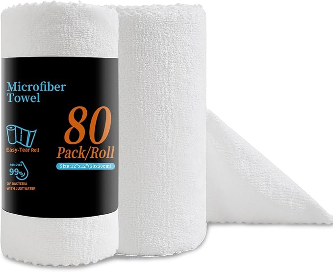 80 Pack Microfiber Cleaning Cloth Roll White Reusable Paper Towels 12"x12" Tear by JessyHome