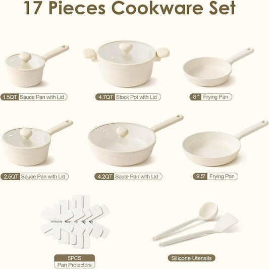 SENSARTE Ceramic Nonstick Pots and Pans Set 17pcs, Healthy Induction Cookware - Image 2