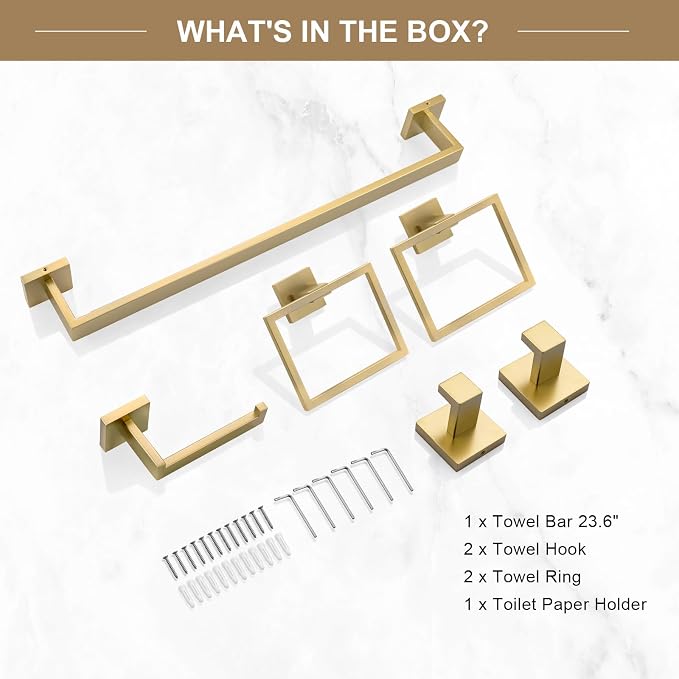 TQKAG 6-Piece Bathroom Towel Bar Sets Brushed Gold 23.6 inch Towel Bar - Image 8