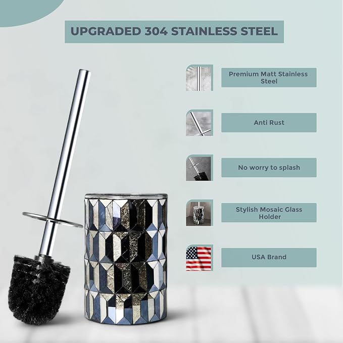 Escenzy Cute Toilet Brush and Holder Set Mosaic Glass | Non-Rustic Stainless - Image 2