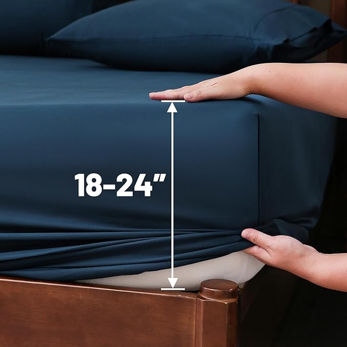 Extra Deep Pocket King Sheets 18-24 Inch 100% Egyptian Cotton 1000 Thread Count Sateen Weave Soft Breathable 4 Pieces（King，Navy）