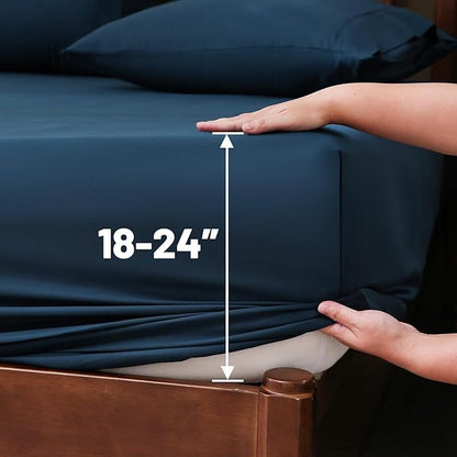 Extra Deep Pocket King Sheets 18-24 Inch 100% Egyptian Cotton 1000 Thread Count Sateen Weave Soft Breathable 4 Pieces（King，Navy）
