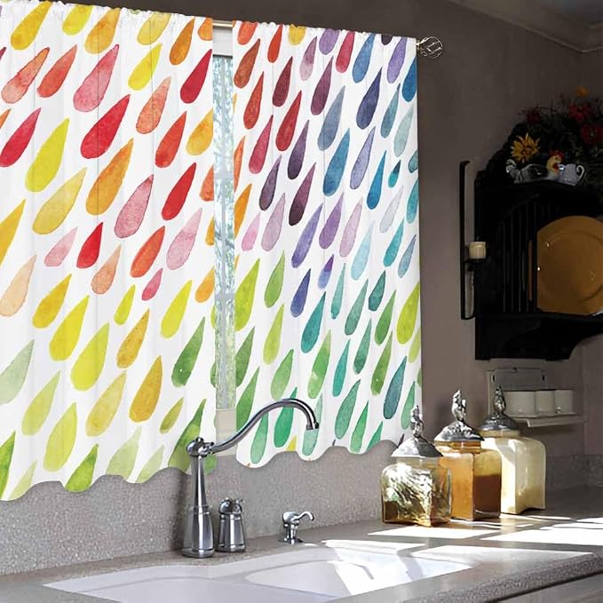 Rainbow Raindrops Kitchen Curtains Colorful Abstract Droplet Blob Brush Strokes - Image 4