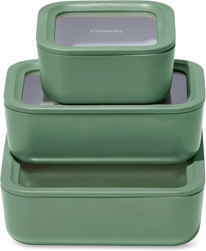 Caraway 3pc Glass Food Storage Set – 10 Cup, 6.6 Cup, & 4.4 Cup Food Containers by Caraway