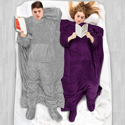PAVILIA Fleece Blanket with Sleeves, Foot Pockets for Women Men Adults, Plush Wearable Blanket Throw Wrap, Warm Snuggle Blanket Robe, Cozy Gift Ideas Wife Mom, Light Gray