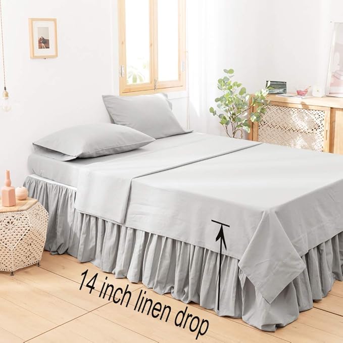 Simple&Opulence Belgian Linen Bed Skirt with Classic 14 inch Tailored Drop Dust Ruffle, Easy Fit Breathable Premium Natural Flax- Pleated Grey, King