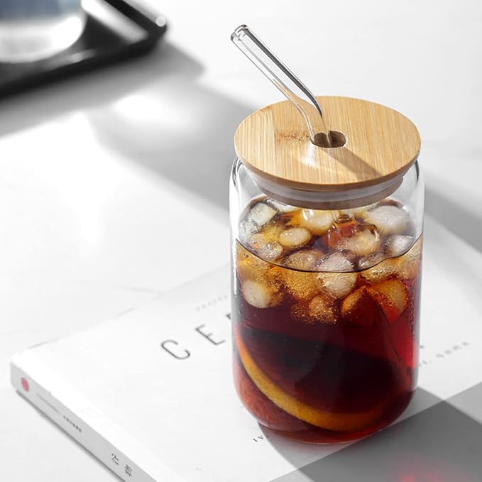 Drinking Glasses with Bamboo Lids and Glass Straw 2PCS Set, 16oz Glass Cups - Image 2