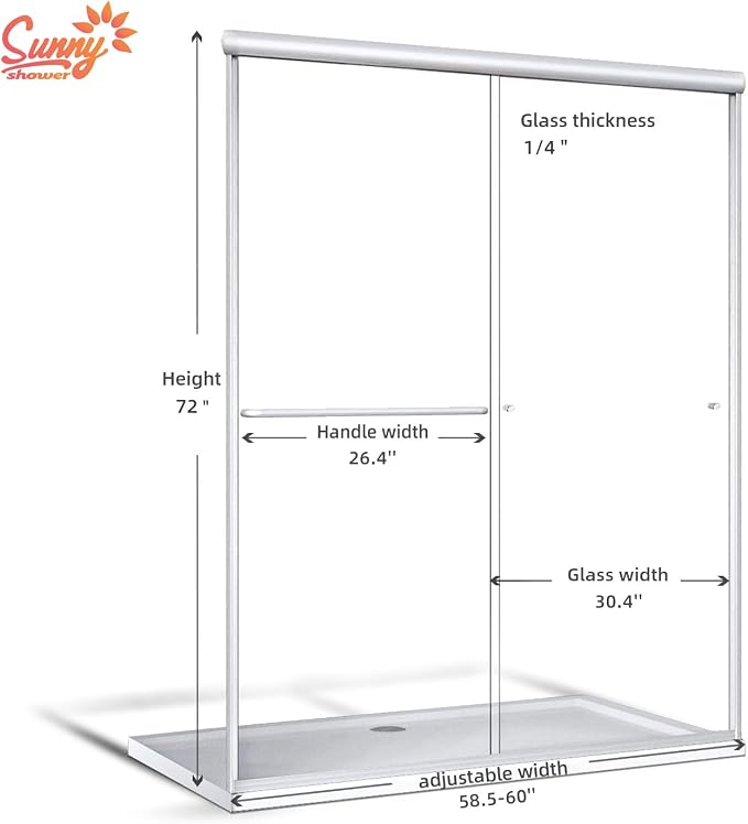 SUNNY SHOWER 60 in.W x 72 in.H Semi-Frameless Shower Door, DoubleSliding Glass - Image 3