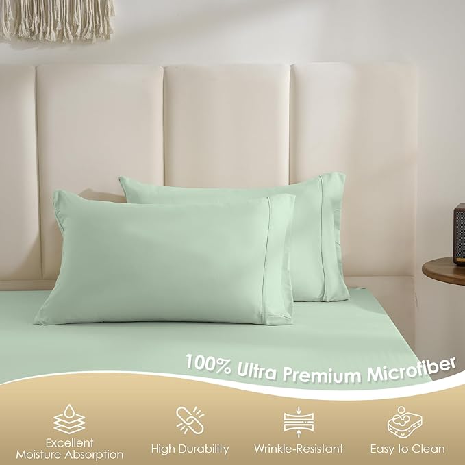Breathable Cooling Full Sheet Set - Hotel Luxury 4 Piece Deep Pocket Sheets for Full Size Bed, Fits 16" Mattress, Easy Care Wrinkle Free Bedding Sheet and Pillowcase Set, Sage Green
