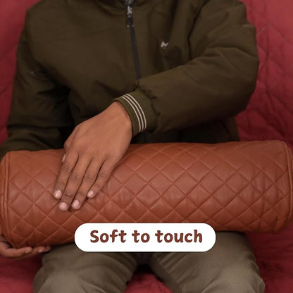 Neck Roll Pillow Cushion Cover, 24x7 Inch Full Moon Round Bolster Pillow Case, Cylinder Soft Lambskin Leather Pillowcase for Head, Spine & Neck Support During Sleep - Quilted Brown Pack of 1