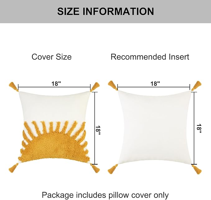 Adabana Boho Throw Pillow Covers 18x18, Decorative Tufted Pillows Cover for Couch Bed, Sun Sunshine Pillow Cover for Kids