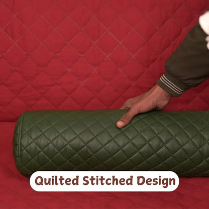 Neck Roll Pillow Cushion Cover, 14x5 Inch Full Moon Round Bolster Pillow Case, Cylinder Soft Lambskin Leather Pillowcase for Head, Spine & Neck Support During Sleep - Quilted Dark Green Pack of 1