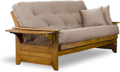 Nirvana Futons Brentwood Tray Arm Futon Sofabed Set - Queen Frame, 8" Microfiber Khaki Mattress, Heritage Finish