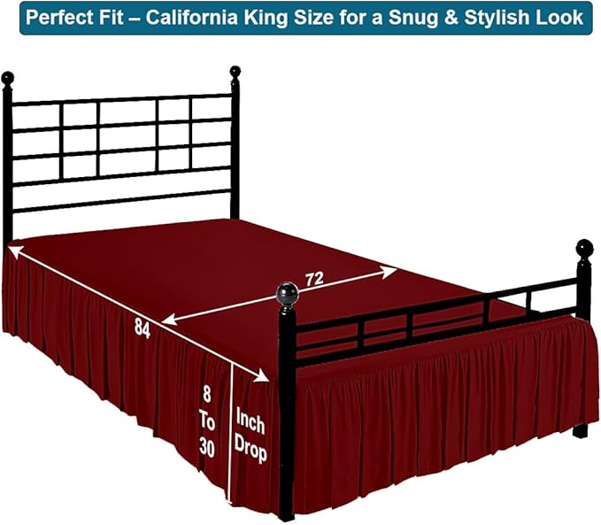 Shreem Linen Ruffled Bed Skirt with Split Corners, Gathered Style, 100% Microfiber, 15-Inch Drop, Dust Ruffle Bedskirt with Platform, Cal-King, Burgundy