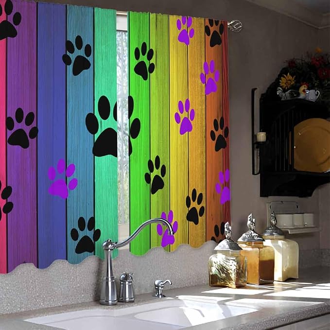 Dog Paws Kitchen Curtains Cute Puppy Paws Colorful Wood Board Short Tier - Image 4